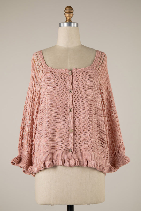Miracle Crochet Button Down Lightweight Sweater Top in Pink  Miracle   
