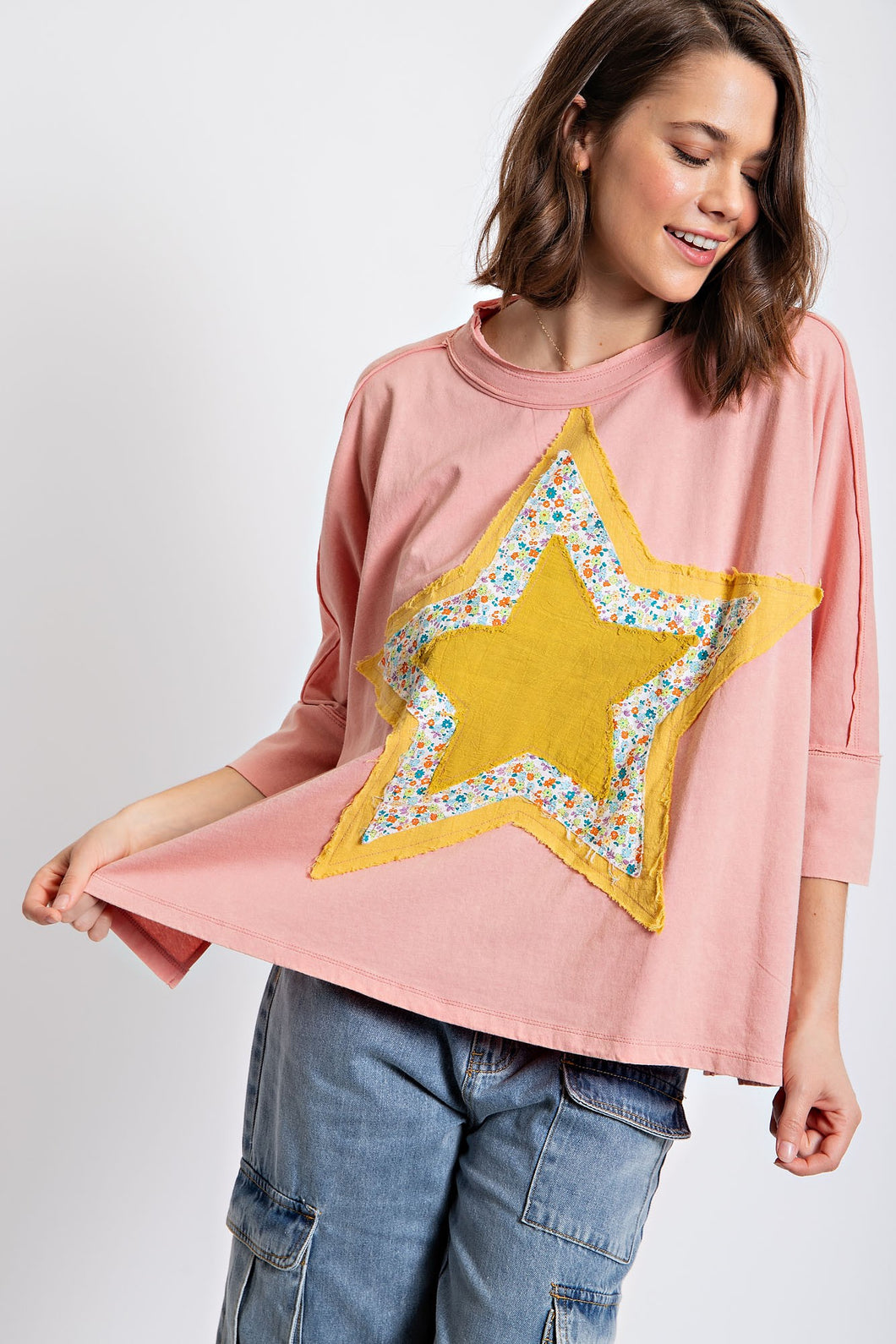 Easel Mineral Washed Star Patched Top in Peach Coral Shirts & Tops Easel   