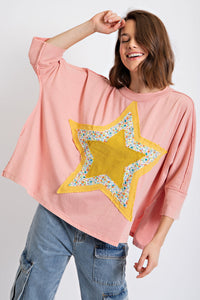 Easel Mineral Washed Star Patched Top in Peach Coral Shirts & Tops Easel   