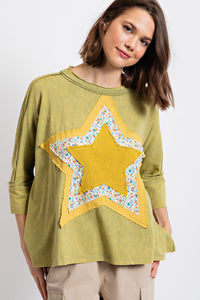 Easel Mineral Washed Star Patched Top in Matcha Latte Shirts & Tops Easel   