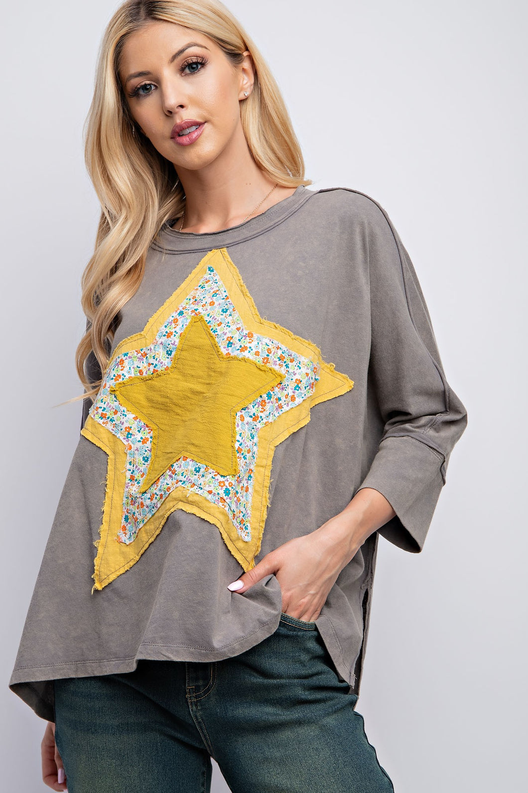 Easel Mineral Washed Star Patched Top in Ash Shirts & Tops Easel   