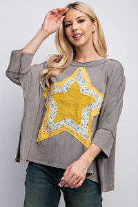 Easel Mineral Washed Star Patched Top in Ash Shirts & Tops Easel   