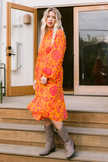 Oddi Vibrant Floral Print Midi Dress Orange-Fuchsia S Oddi Vibrant Floral Print Midi Dress Orange-Fuchsia S