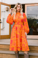 Oddi Vibrant Floral Print Midi Dress Orange-Fuchsia