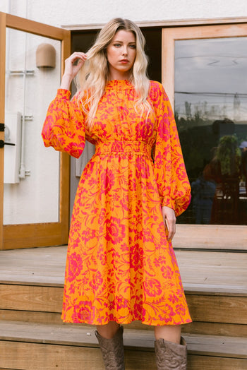 Oddi Vibrant Floral Print Midi Dress Orange-Fuchsia