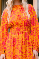 Oddi Vibrant Floral Print Midi Dress Orange-Fuchsia