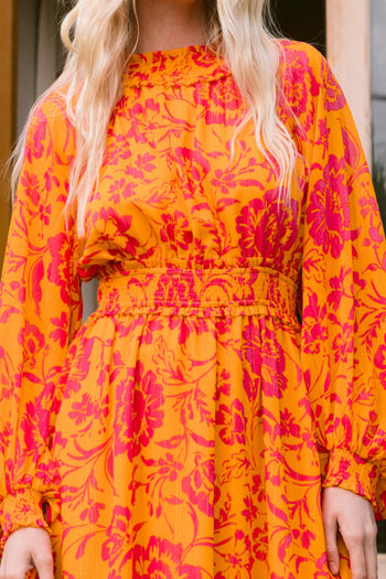 Oddi Vibrant Floral Print Midi Dress Orange-Fuchsia