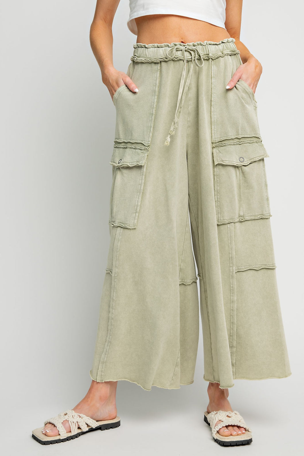 Easel Feeling Good Mineral Washed Utility Pants in Faded Olive Pants Easel   