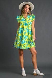 Umgee Floral Print Collar Tiered Dress in Lime Mix Dress Umgee   