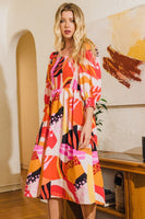 Oddi Abstract Floral Print Midi Dress in Coral Multi