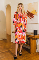 Oddi Abstract Floral Print Midi Dress in Coral Multi