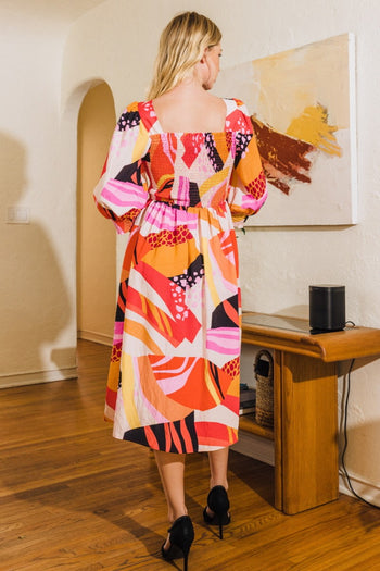 Oddi Abstract Floral Print Midi Dress in Coral Multi