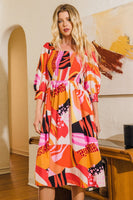 Oddi Abstract Floral Print Midi Dress in Coral Multi