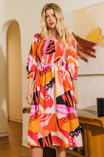 Oddi Abstract Floral Print Midi Dress in Coral Multi