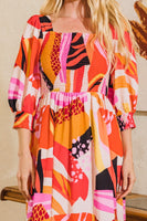 Oddi Abstract Floral Print Midi Dress in Coral Multi