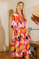 Oddi Abstract Floral Print Midi Dress in Coral Multi