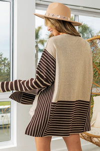 BiBi Mixed Striped Side Slit Sweater in Oatmeal/Mocha Sweaters BiBi   