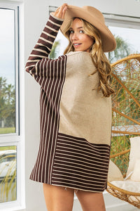 BiBi Mixed Striped Side Slit Sweater in Oatmeal/Mocha Sweaters BiBi   