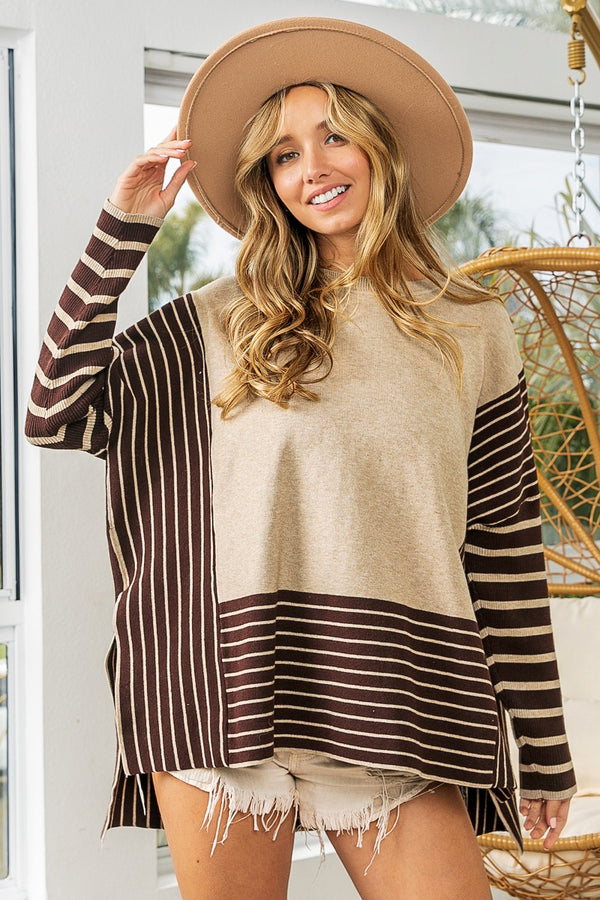 BiBi Mixed Striped Side Slit Sweater in Oatmeal/Mocha Sweaters BiBi   