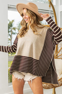 BiBi Mixed Striped Side Slit Sweater in Oatmeal/Mocha Sweaters BiBi   