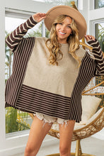 Load image into Gallery viewer, BiBi Mixed Striped Side Slit Sweater in Oatmeal/Mocha Sweaters BiBi   
