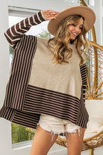 Load image into Gallery viewer, BiBi Mixed Striped Side Slit Sweater in Oatmeal/Mocha Sweaters BiBi   
