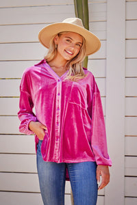 Jodifl Solid Color Button Down Velvet Top in Magenta Shirts & Tops Jodifl   