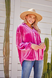 Jodifl Solid Color Button Down Velvet Top in Magenta Shirts & Tops Jodifl   