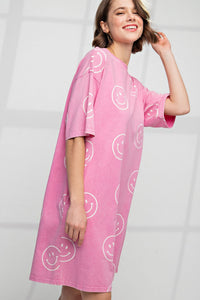 Easel Smiley Face Print T Shirt Dress in Barbie Pink ON ORDER LATE AUGUST ARRIVAL Dress Easel   