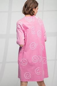 Easel Smiley Face Print T Shirt Dress in Barbie Pink ON ORDER LATE AUGUST ARRIVAL Dress Easel   