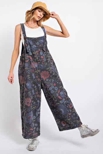 Easel Oversized Floral Print Denim Overall Jumpsuit in Black Denim