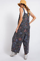 Easel Oversized Floral Print Denim Overall Jumpsuit in Black Denim
