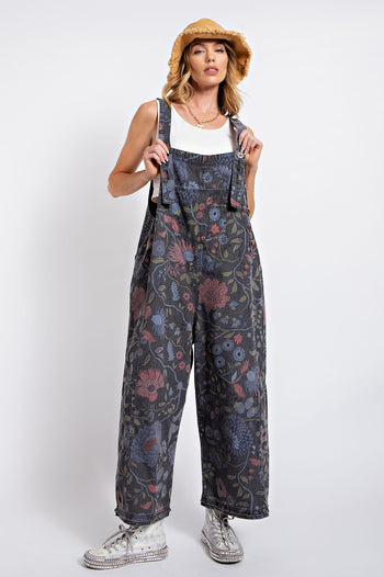 Easel Oversized Floral Print Denim Overall Jumpsuit in Black Denim