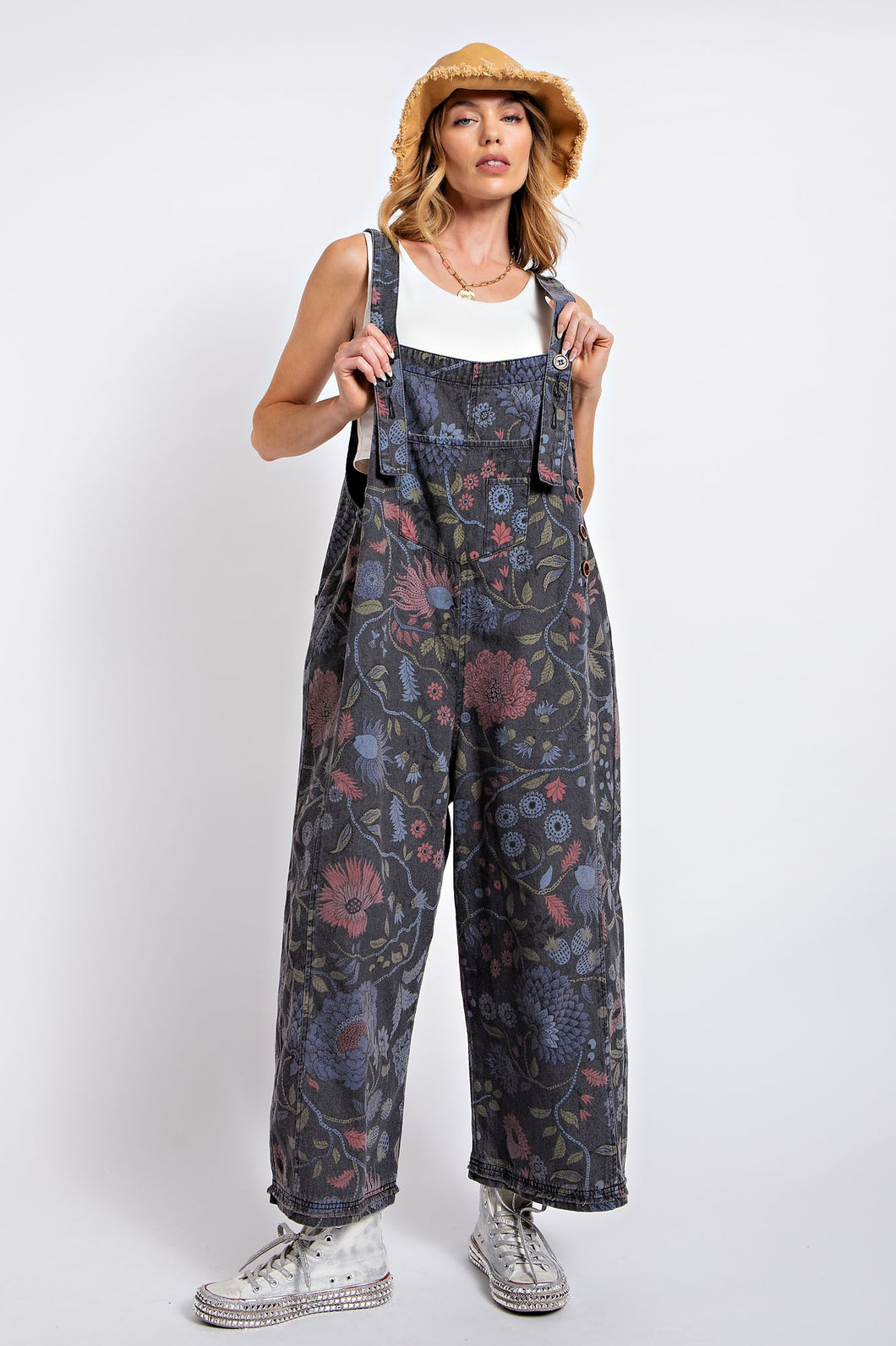 Easel Oversized Floral Print Denim Overall Jumpsuit in Black Denim ON ORDER