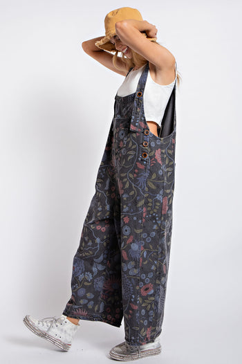 Easel Oversized Floral Print Denim Overall Jumpsuit in Black Denim