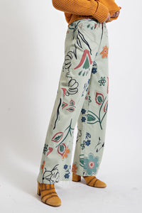 Easel Printed Twill Wide Leg Pants in Sage Pants Easel   