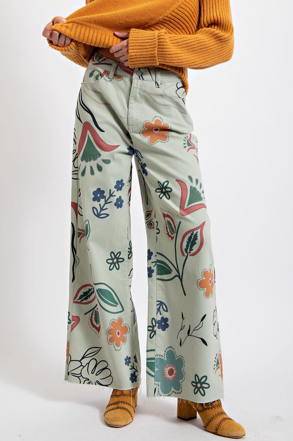 Easel Printed Twill Wide Leg Pants in Sage Pants Easel   