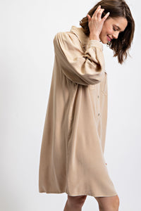 Easel Button Down Shirt Dress in Khaki Dresses Easel   