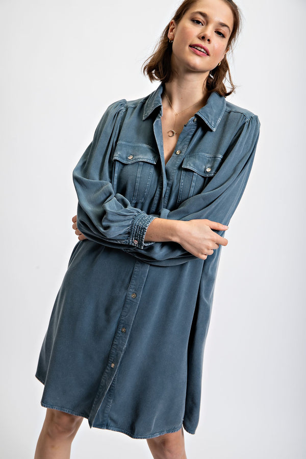 Easel Button Down Shirt Dress in Denim Blue ON ORDER Dresses Easel   