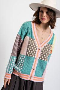 Easel Mixed Print Color Block Sweater Cardigan in Aqua Coral Cardigan Easel   