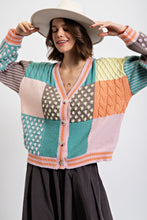 Load image into Gallery viewer, Easel Mixed Print Color Block Sweater Cardigan in Aqua Coral Cardigan Easel   
