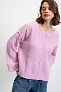 Easel Long Sleeve Cotton Gauze Top in Lilac Pink Shirts & Tops Easel   