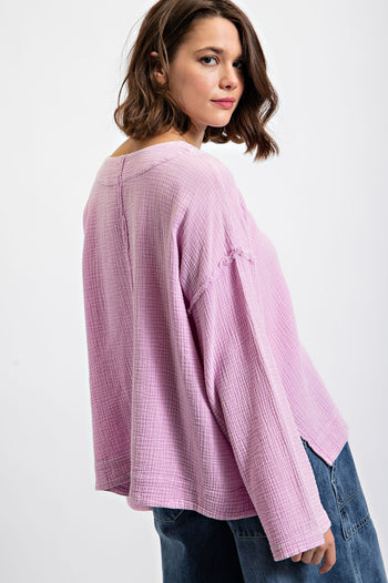 Easel Long Sleeve Cotton Gauze Top in Lilac Pink Shirts & Tops Easel   