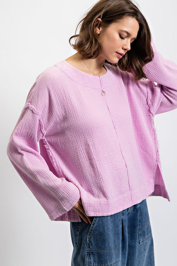 Easel Long Sleeve Cotton Gauze Top in Lilac Pink Shirts & Tops Easel   