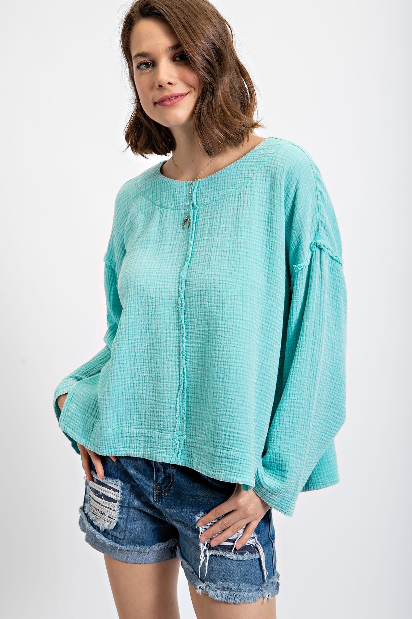 Easel Long Sleeve Cotton Gauze Top in Seafoam – June Adel