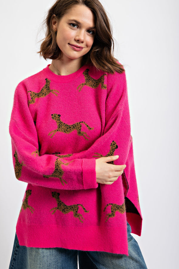Easel Cheetah Patterned Sweater in Hot Pink Sweaters Easel   