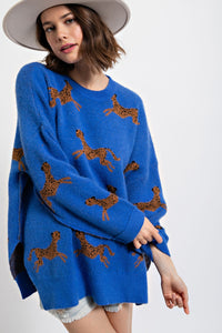 Easel Cheetah Patterned Sweater in Royal Blue Sweaters Easel   