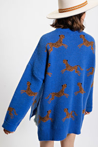 Easel Cheetah Patterned Sweater in Royal Blue Sweaters Easel   