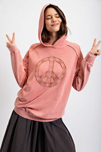 Easel Pullover Hoodie with Peace Sign Patch in Coral Shirts & Tops Easel   