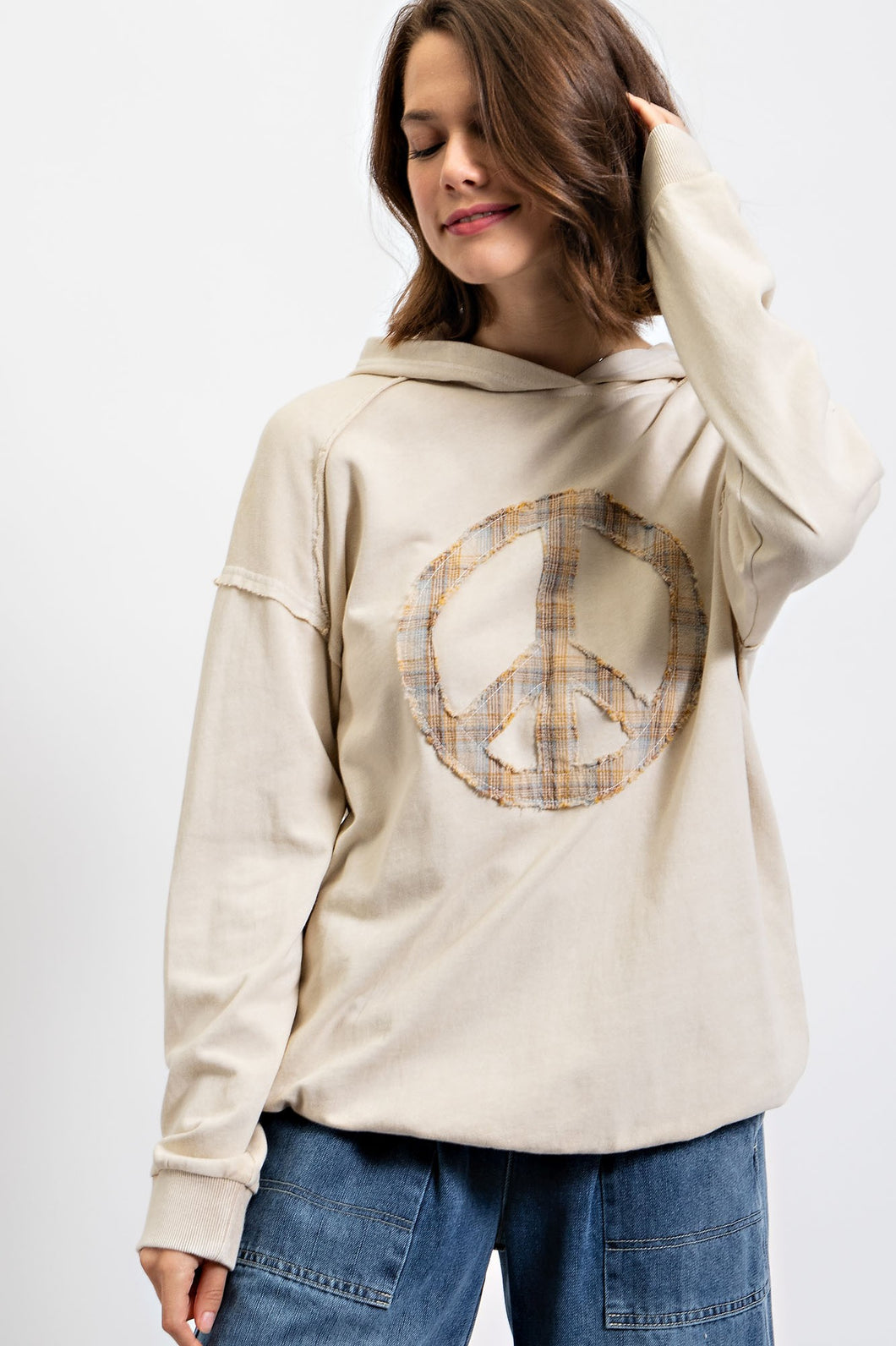 Easel Pullover Hoodie with Peace Sign Patch in Oatmeal Shirts & Tops Easel   